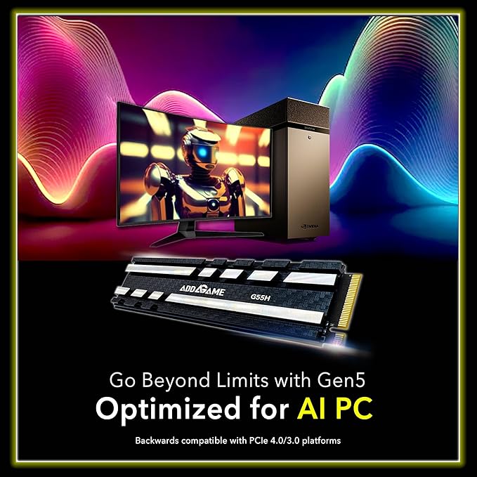 Addlink G55H 2TB PCIe 5.0 Gen5 NVMe M.2 SSD with Heatsink - Up to 10,300MB/s - Game Ready - Internal Solid State Drive - Compatible with PCs and PS5 (ad2TBG55HM2P)