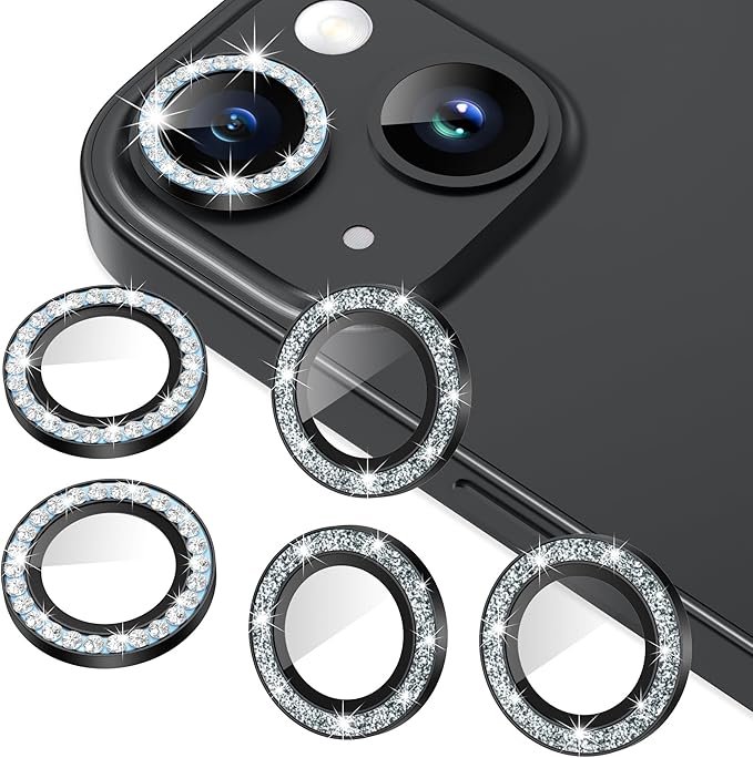 AGVEE 3+3 6 Pack for iPhone 15 6.1" / 15 Plus 6.7" Camera Lens Protector, Bling Diamond & Bling Glitter Metal Ring 9H Tempered HD Glass Camera Cover Film, Bling-Black