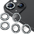 AGVEE 3+3 6 Pack for iPhone 15 6.1" / 15 Plus 6.7" Camera Lens Protector, Bling Diamond & Bling Glitter Metal Ring 9H Tempered HD Glass Camera Cover Film, Bling-Black