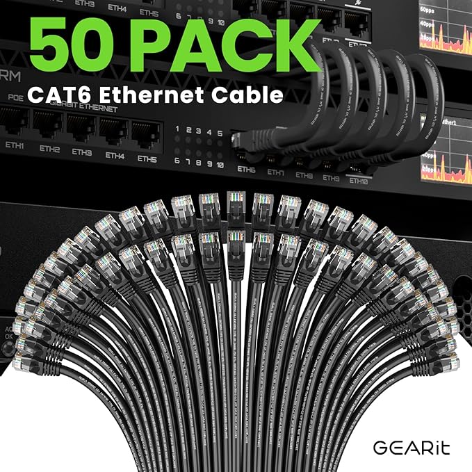 GEARit Cat 6 Ethernet Cable (50-Pack 2 Feet) Cat6 Network Patch, 10Gbps, RJ45, Snagless Cord, Gold-Plated Connectors, Internet for PC, TV, Tablet, Router, Printer, Servers, IT Data Center - Black