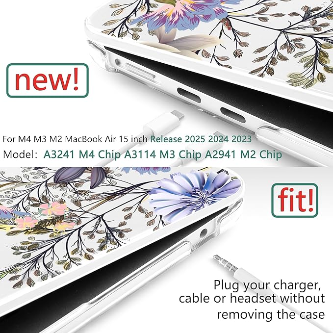 TWOLSKOO Compatible with M4 MacBook Air 15 inch Case 2025-2023 Released Model M4 A3241 M3 A3114 M2 A2941, Plastic Hard Shell & Screen Protector & Keyboard Cover & Type C Adapter, Garden Flower