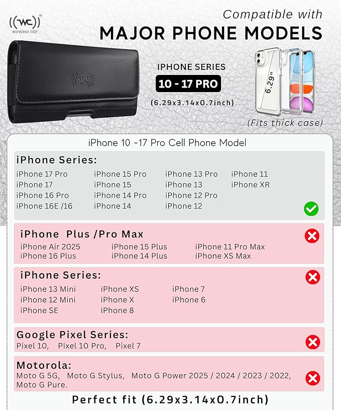 Leather Phone Holster for iPhone 17 Pro, 17, 16 Pro, 16e, 15, 15 Pro, 14, 13, 12, 11, X, XR, XS – Belt Clip Case Pouch for Men & Women | Magnetic Closure | Fits with Protective Cover