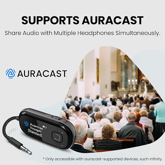 Avantree Voyager - Airplane Bluetooth Adapter for Headphones & AirPods, Bluetooth 5.4 with Latest Auracast & OLED Display, Qualcomm Chip, aptX Adaptive, Wireless Audio Transmitter for Travel & Flight
