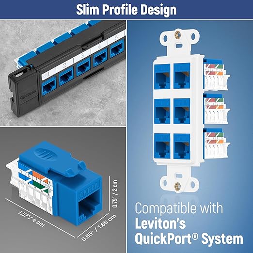Everest 45° Angled RJ45 Cat6A Keystone Jacks 10-Pack in Blue - Slim Profile Female RJ45 Connectors - Cat 6A Keystone Jack - Compatible with 45° Angled Speed Termination Tool - 45Term (B0BL3GS7ZY)