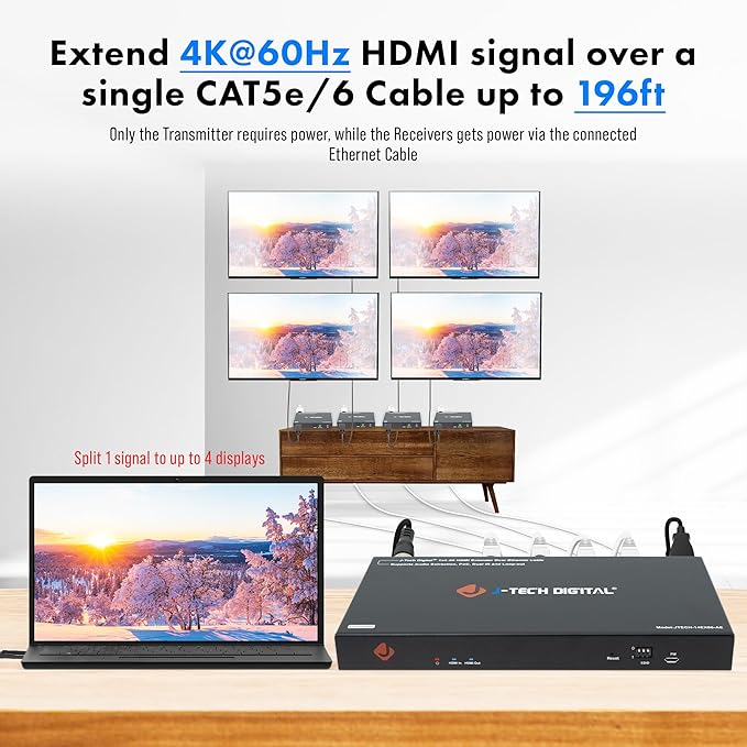 J-Tech Digital HDMI Extender Splitter 4K 60Hz 1 in 4 Out Over Single Cat5e/6 Ethernet Cable Up to 196ft. Supports 4K Downscale Audio Extraction PoC EDID Switch by [JTECH-14EX60-AE]