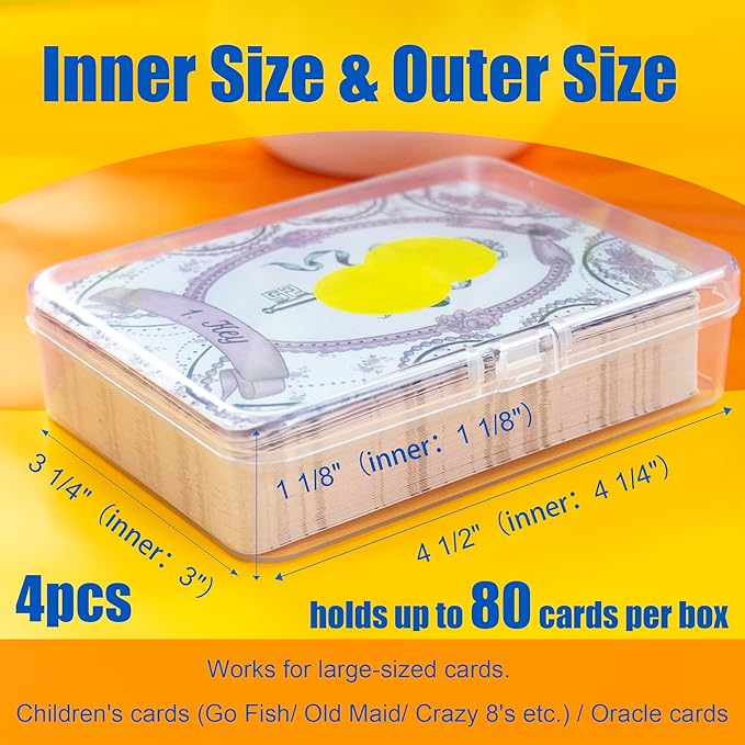 4 Pcs [Large Size] Playing Card Case, for Go Fish/Old Maid/Oracle Card/Other Larger Than Standard Size Cards, Plastic Clear Card Deck Box Storage, 4 1/2" × 3 1/4" × 1 1/8" (NO Cards)