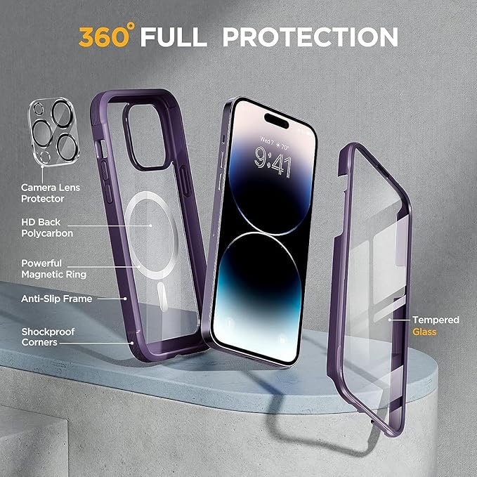 Miracase Magnetic for iPhone 14 Pro Case 6.1 inch, (Compatible with MagSafe) Upgrade Full-Body Clear Phone Bumper Case with Built-in 9H Tempered Glass Screen Protector, Magnetic Purple