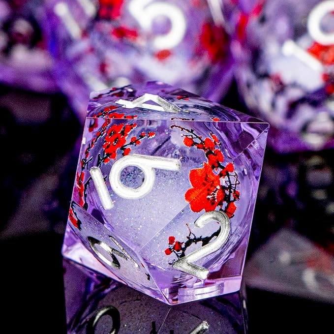 Plum Blossom DND Dice Purple Liquid Core Dice Set with Metal Box, Handmade Sharp Edge Dice D and D Polyhedral Dice for use with D&D RPG Role Playing Game