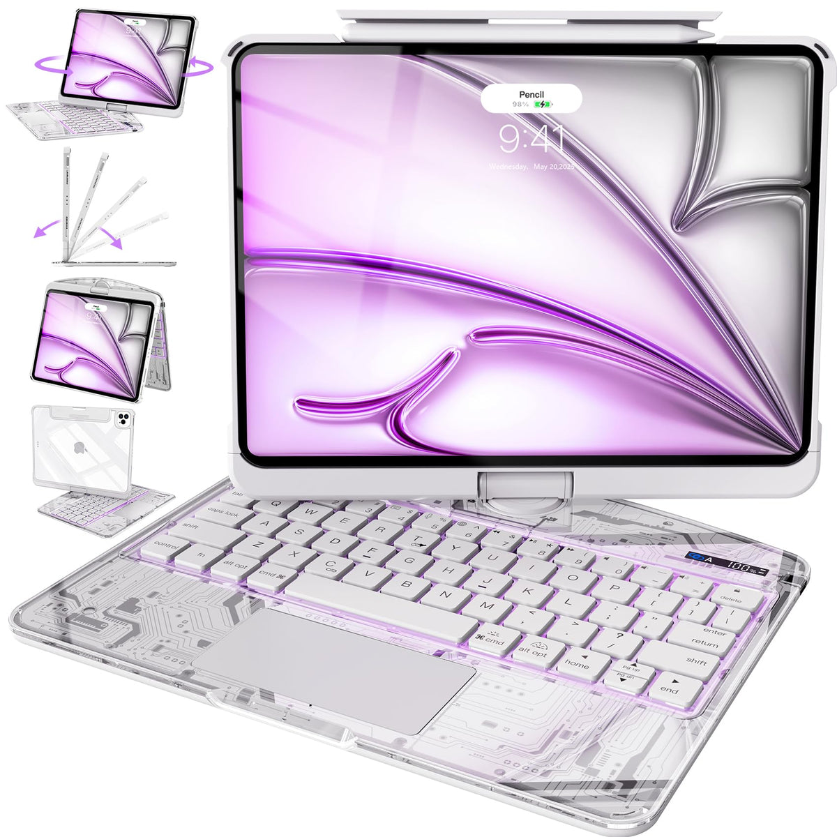 Intermerge Transparent Keyboard Case for iPad Pro 13"(M5,2025/ M4,2024), 360° Swivel Multi-Touch Trackpad, 7-Color RGB Backlit, Pencil Holder, Type-C, Power Indicator, Aqua Pulse