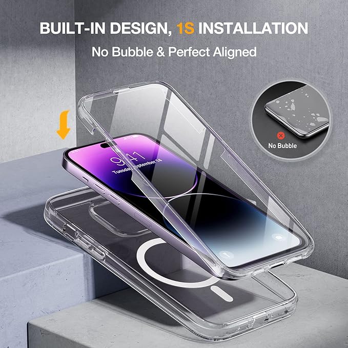 Miracase Magnetic for iPhone 14 Pro Case 6.1 inch, (Compatible with MagSafe) Upgrade Full-Body Clear Phone Bumper Case with Built-in 9H Tempered Glass Screen Protector, Magnetic Clear