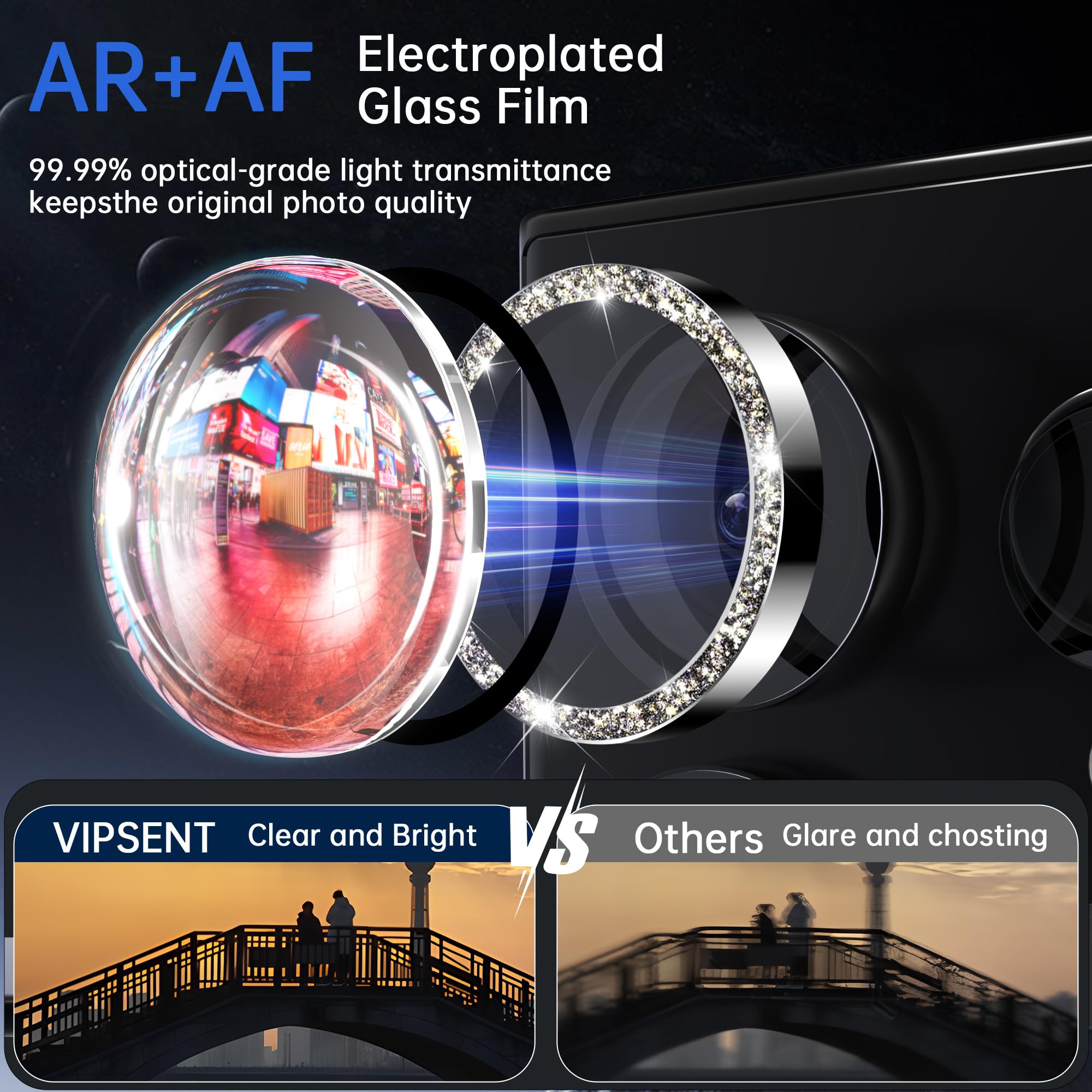 VIPSENT For Samsung Galaxy S24 Ultra Camera Lens Protector, Individual Lens Protector, Ultra HD 9H Tempered Glass Screen Protective Cover, Anti-scratch, Military Grade Drop Protection 2 Set. (Glitter Silver, S24 Ultra)