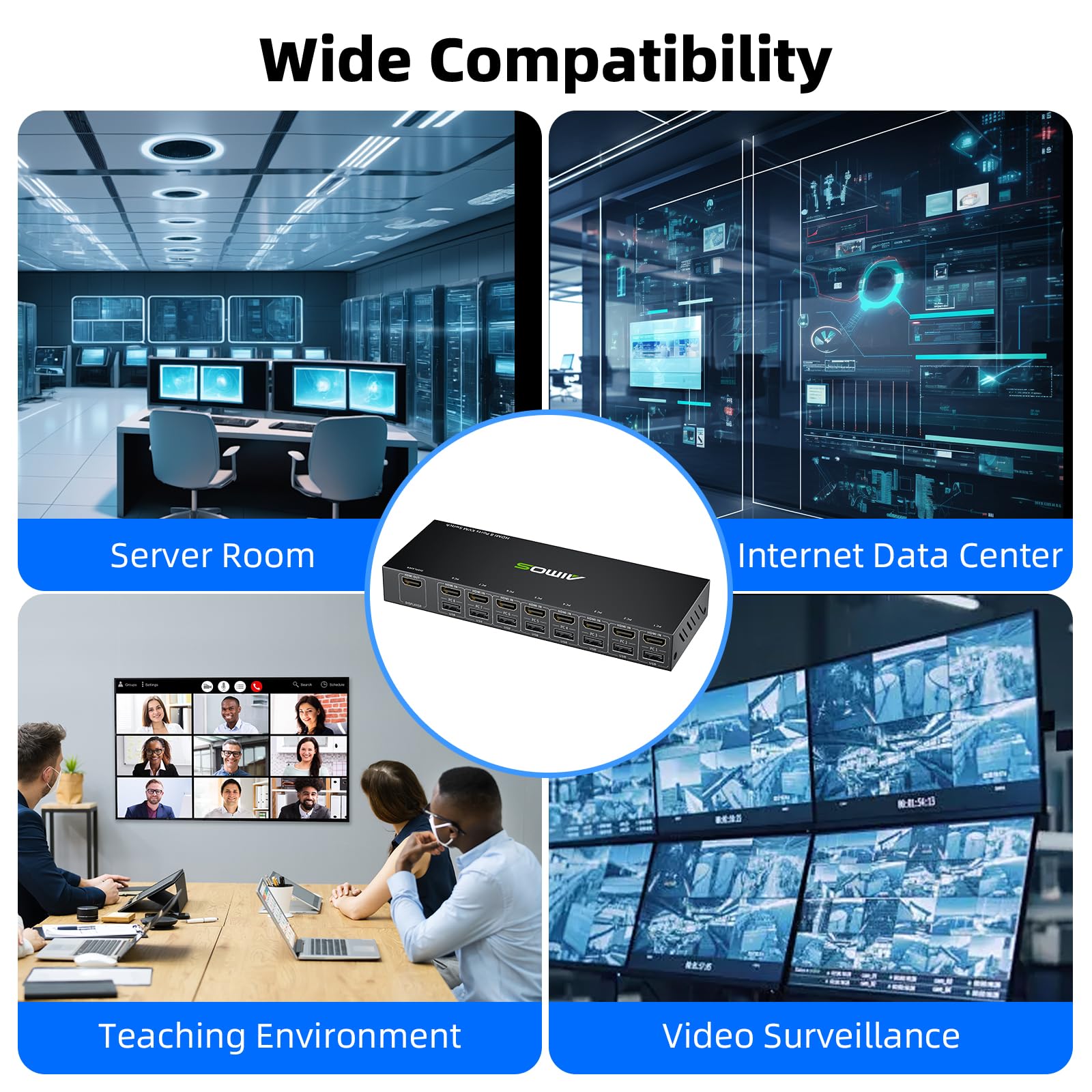 8 Port KVM Switch HDMI 4K@30Hz, USB2.0 HDMI KVM Switch for 8 Computers Share 1 Monitor Keyboard Mouse Printer, Support Hotkey Switch, with Remote Control and 8 USB Cables