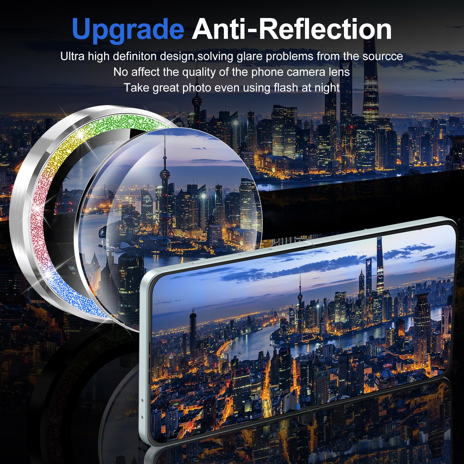 Avocase for Samsung Galaxy Z Flip 7 Camera Lens Protector, Individual Metal Ring Tempered Glass Lens Cover, [Strong Adsorption] Scratch Resistant Ultra-Thin HD Clear Lens Cover, 1 Set-Colorful Sparkly