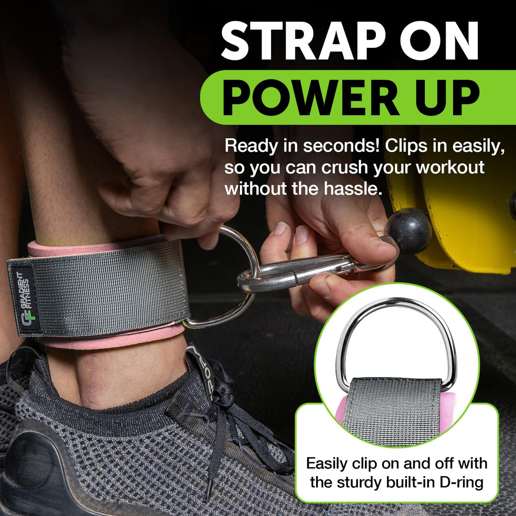 Gradient Fitness Ankle Straps (2 Pack) - Ankle Bands for Workouts, Cable Machine Attachments (Pink|Grey)