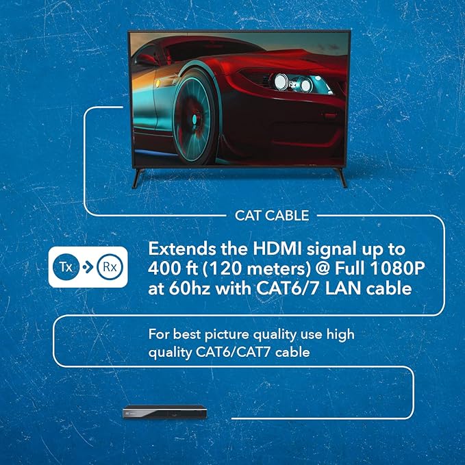 OREI 1x4 HDMI Extender Splitter Over Single Cable CAT6/7 1080P With IR Remote EDID Management - Up to 400 Ft - Loop Out - Low Latency Black