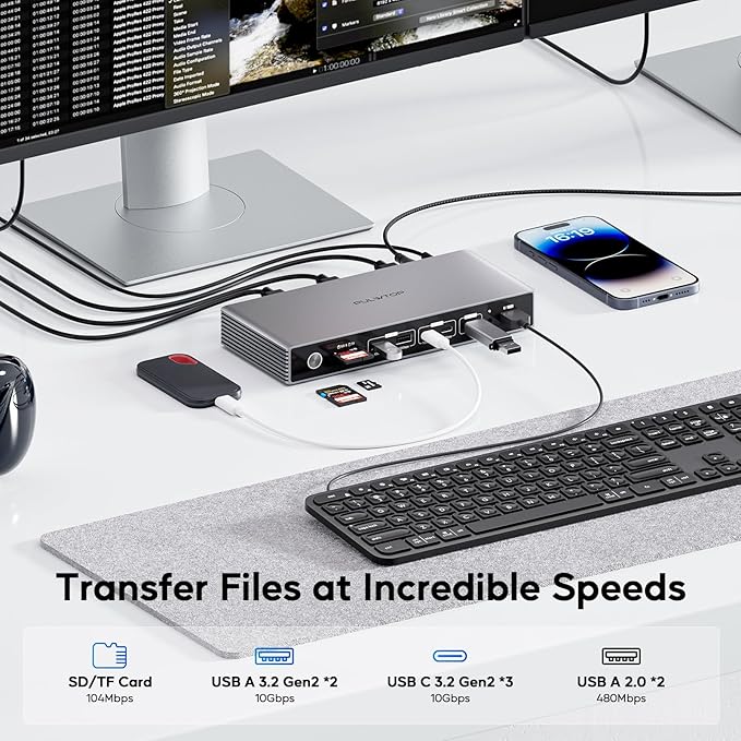 Displaylink Docking Station, PULWTOP USB C DisplayLink Dock Triple Displays for MacBook M1/M2/M3/M4 Windows, 8K/4K@60Hz Displaylink Dock with 3HDMI, 3 Display Port, PD 30W,USB A/C 10Gbps, Ethernet