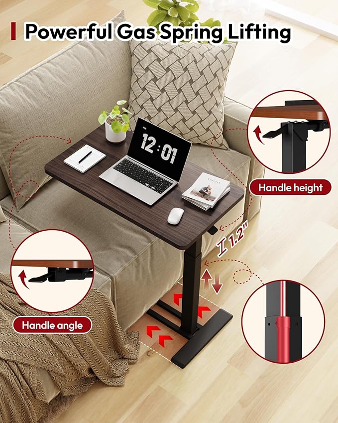 SANODESK Medical Adjustable Overbed Bedside Table with Casters 90° Tilt Top Pneumatic Mobile Rolling Laptop Computer Standing Desk Cart with Tray, Hospital and Home Use(31.5" W x 17.7" D,Rustic Brown)