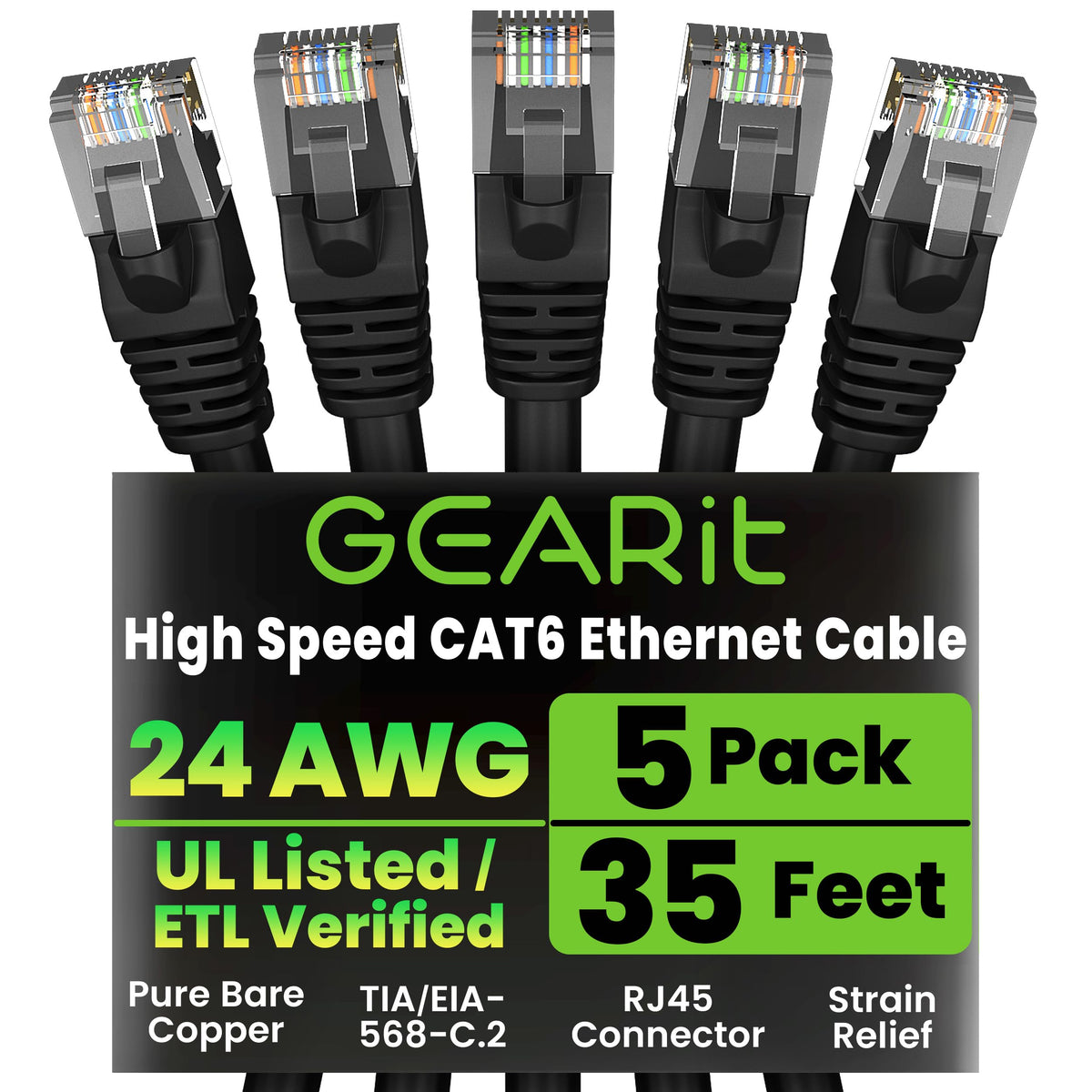 GEARit Cat6 Patch Cables Cat 6 Ethernet Cable 3 ft 5-Pack Black