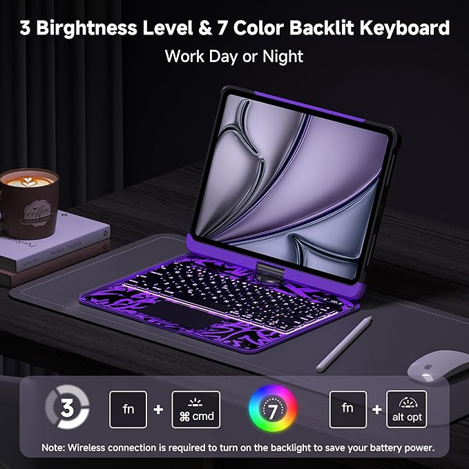 iPad Keyboard Case for iPad 10th Gen (2022) & 11th (A16, 2025), Magic Wireless Keyboard with Trackpad 7 Color Backlit 360° Rotating Stand Transparent Protective Cover with Pencil Holder (Purple)