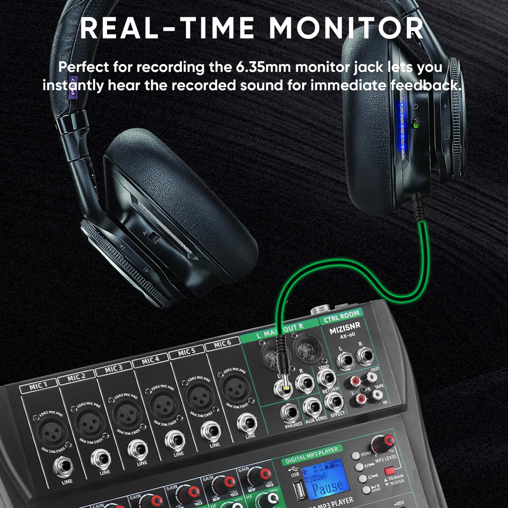 MIZISNR 6 Channel Audio Mixer, Professional DJ Mixer Board Sound Music Mixing Console Digital Mixer with Reverb, Bluetooth, USB Port, 48V Phantom Power for Recording Karaoke Podcasting