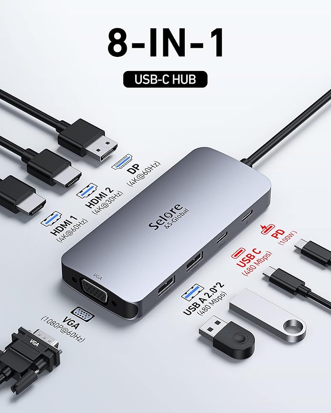 USB C Docking Station Dual HDMI Monitor Adapter, Selore USB C Hub 3 Monitors with Dual HDMI, Displayport, VGA, 100W PD Charging, 3USB 2.0 Ports Adapter for Dell XPS, HP, Lenovo, etc