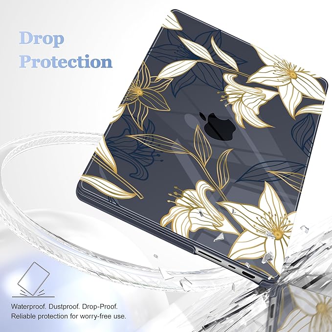 for MacBook Pro 16 inch Case 2021 2022 2023 2024 Release A3186 A3403 M4 A2991 M3 A2780 M2 A2485 M1 Pro/Max, Hard Shell Case with Screen Protector & Keyboard Cover, Golden Floral