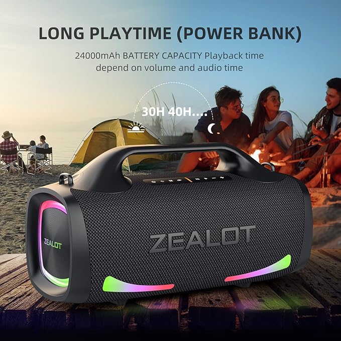 ZEALOT Bluetooth Speaker, 110W Peak(100W) Booming Sound Speakers Wireless, Dual Pairing, XBass, Bluetooth 5.3, 24000mAh Power Bank, Portable Outdoor Waterproof Speaker for Camping, Beach and Party