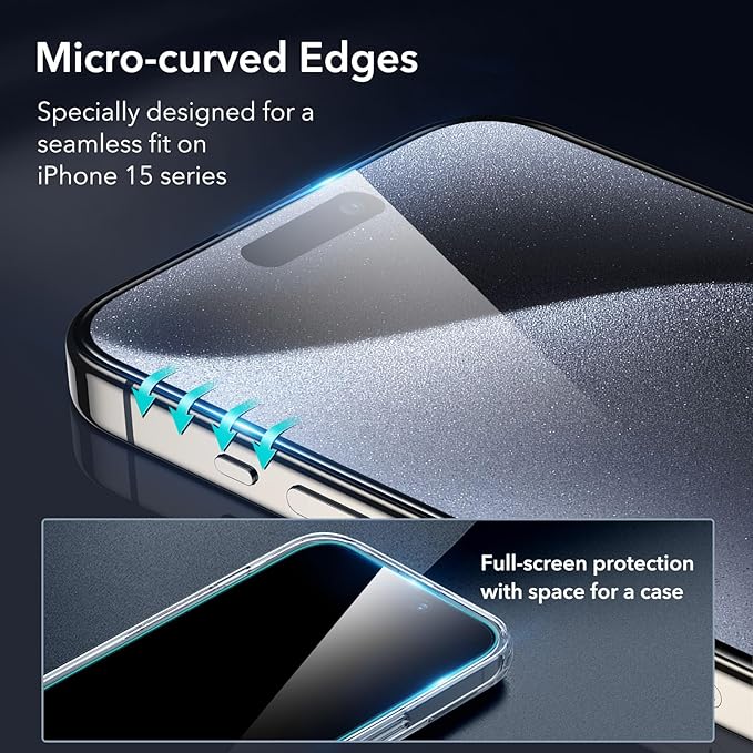 ESR 3+1 Pack for iPhone 15 Pro Screen Protector, 3 Black Edge Tempered-Glass Film and 1 Set Camera Lens Protector, 2.5D Curved Edges, Full-Coverage Military-Grade Protection, Scratch Resistant