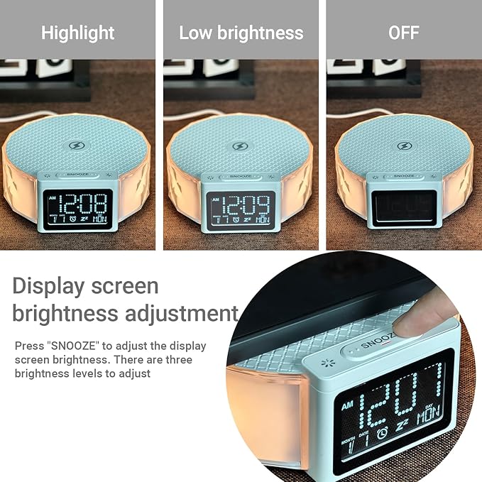 Alarm Clock with Fast Wireless Charging 15W,Digital Alarm Clock Night Lamp for Bedroom, RGB Nightlight for 5 Colors,Snooze Mode,8 Types of Music with Cable (White)