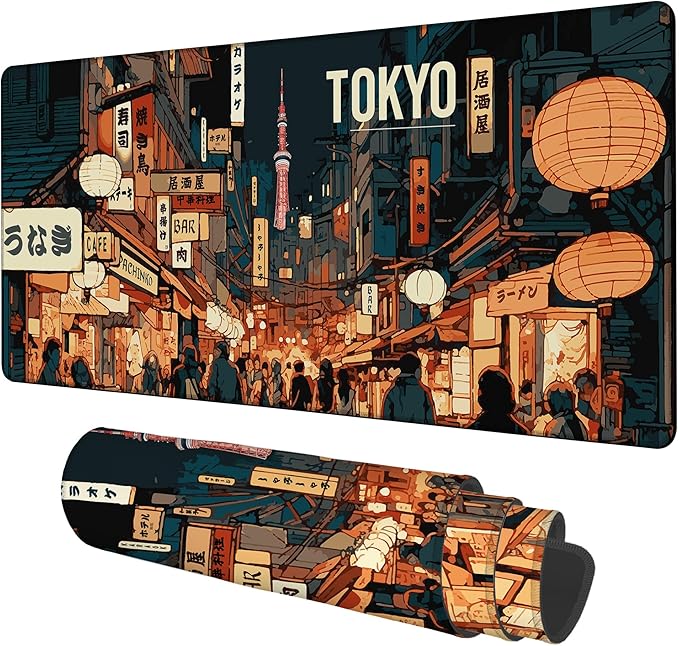 Gaming Desk Pad Large Extra Length Tokyo Japan Mouse Pad Keyboard Laptop Non-Slip Waterproof with Rubber Base Thick Stitched Edge Mouse Mat for Office Home 35.4 x 15.7 Inches
