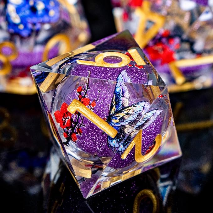 Butterfly DND Dice Purple Liquid Core Dice Set with Metal Box, Handmade Sharp Edge D and D Polyhedral Dice for use with D&D Role Playing Game, D20 D12 D10 D8 D6