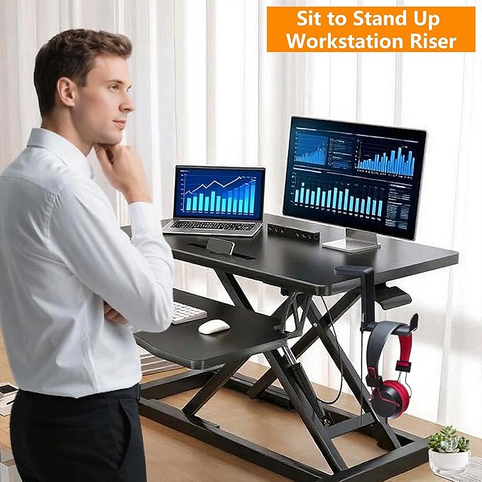 Standing Desk Converter - 32 Inch Wide Adjustable Sit to Stand Up Workstation, Dual Monitor and Laptop Riser with Wide Keyboard Tray, Headphone Stand,Cable Clips,for Home Office, Black