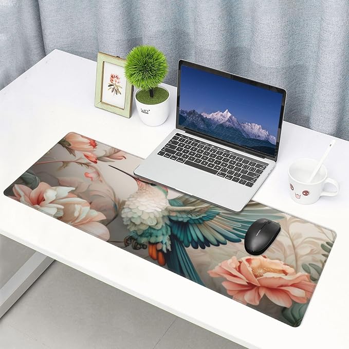 Gaming Mouse Pad, Large Non-Slip Rubber Base Mousepad, Keyboard Mouse Mat, Desk Pad with Stitched Edges, 31.5x11.8inch, Art Bird Flower
