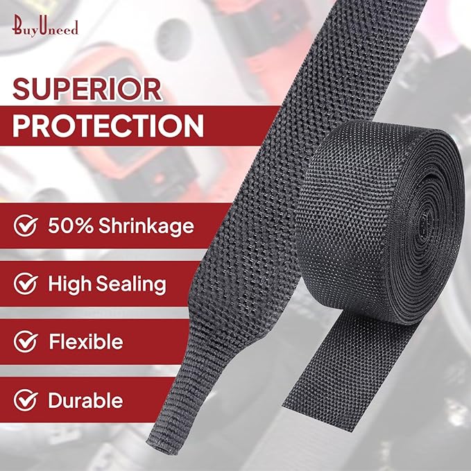 Heat Shrink Wire Loom 2:1 Shrinkable Braided Cable Sleeve 3/8 Inch ID-46ft Abrasion Protection Flexibility Fabric Wiring Harness Cover Sheath