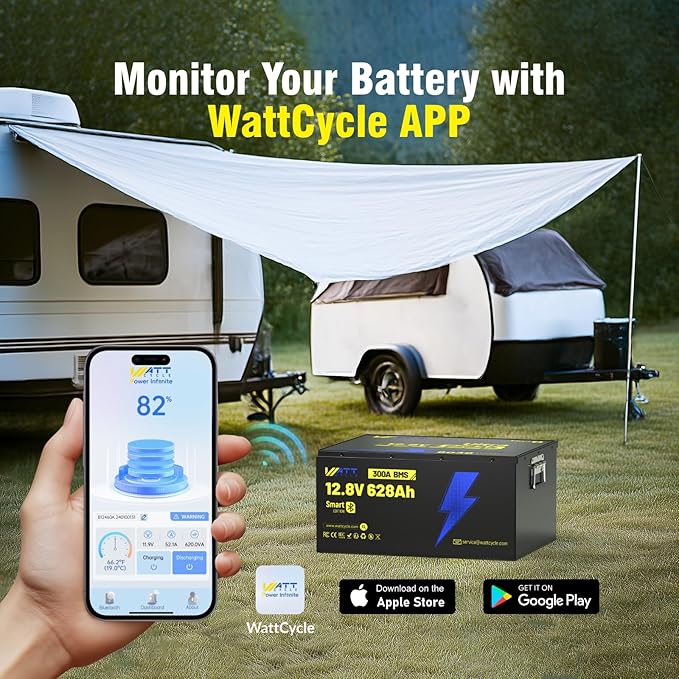 12V 628Ah LiFePO4 Lithium Battery, Built-in Bluetooth 5.0 & 300A BMS, Full Metal 8038Wh Energy, 15000+ Deep Cycles Batterys, Perfect for Home Energy, RV, Marine, Solar, Trolling Motor