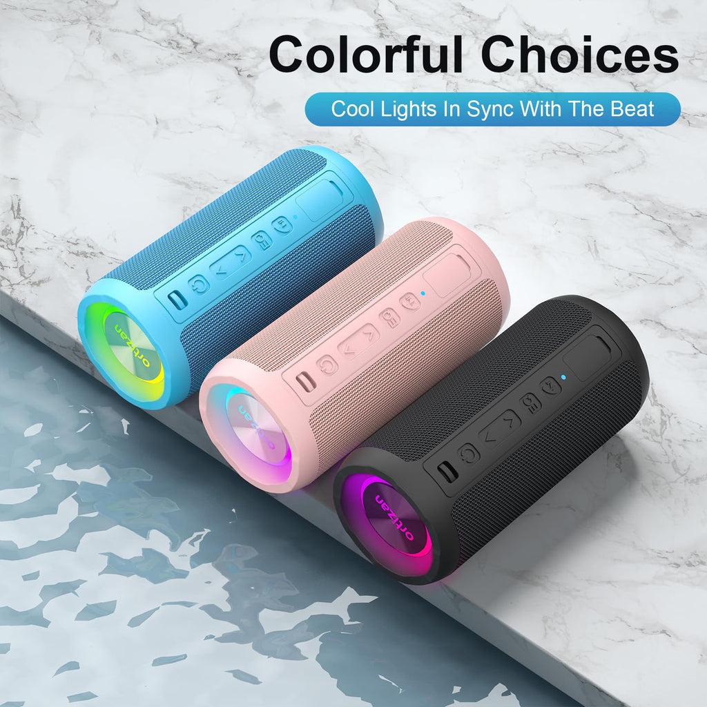 Ortizan Wireless Portable Bluetooth Speaker, IPX7 Waterproof, Dustproof and Rustproof, Powerful 24W Sound, Enhanced Bass, 30 Hour Battery, 360° Party Light, and Stereo Pairing (BT 5.3), Gifts - Pink
