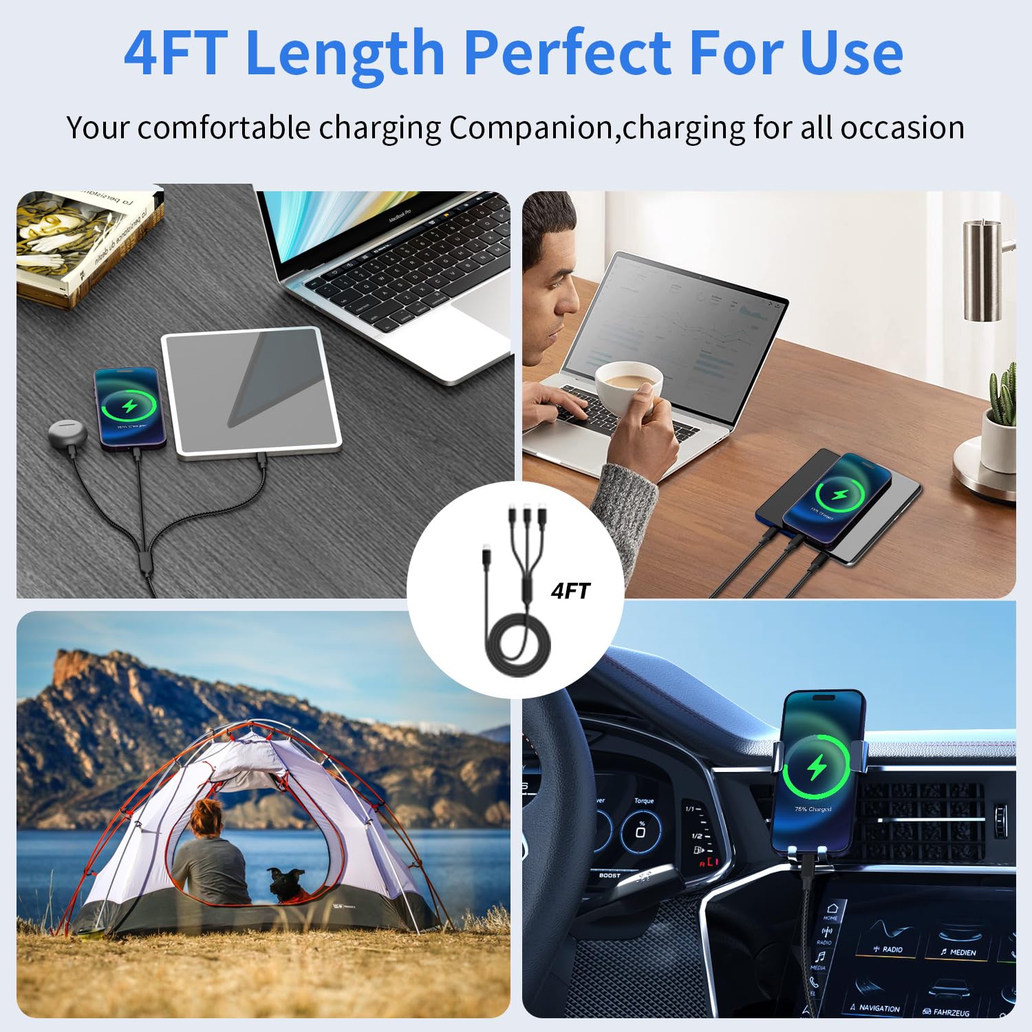 3 in 1 Multi Charging Cable, USB Cable Universal Charger, 2Pack 4FT