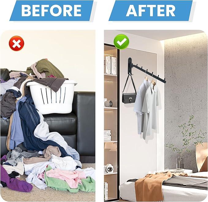Clothing Racks for Hanging Clothes, Garment Racks Wall Mounted Clothes Bar-Hanger Holder Hooks Heavy Duty Folding Drying Rack Space Saving Clothing Hanging System Closet Storage Organizer