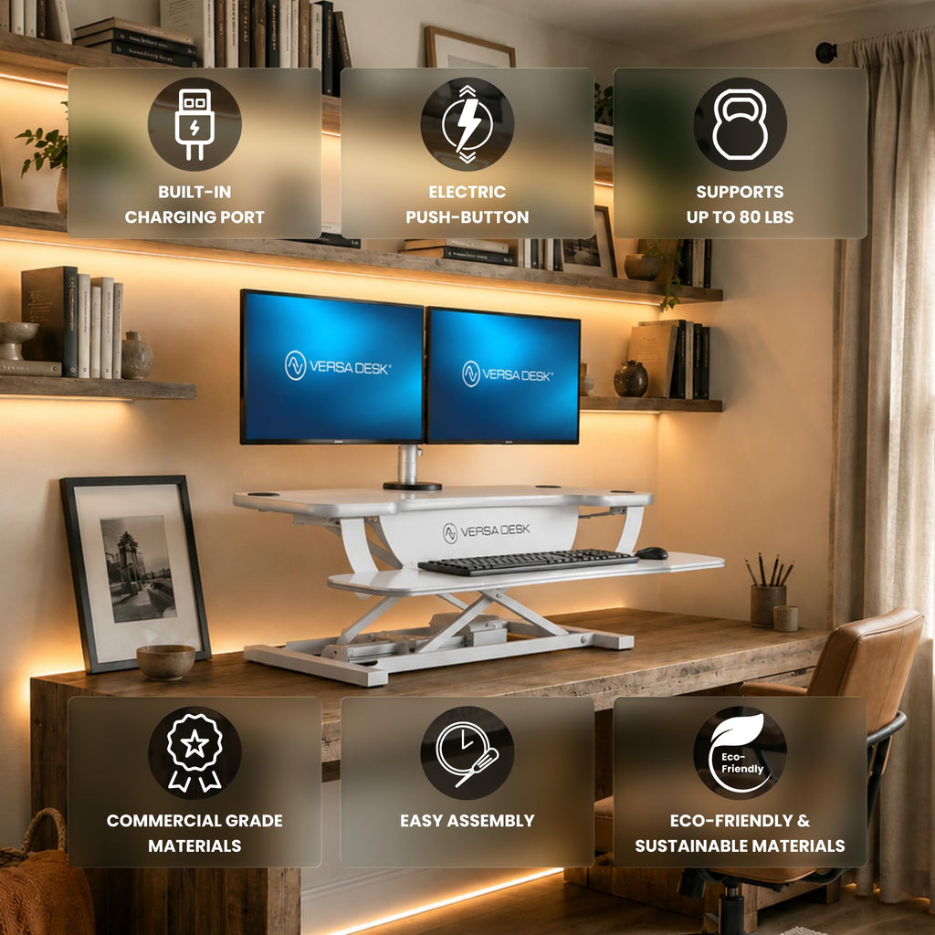 VERSADESK PowerPro 40 Inch Electric Standing Desk Converter – Push-Button Height Adjustable Sit to Stand Desk Riser for Triple Monitors & Laptop – Motorized Desktop Workstation with Wide Keyboard Tray