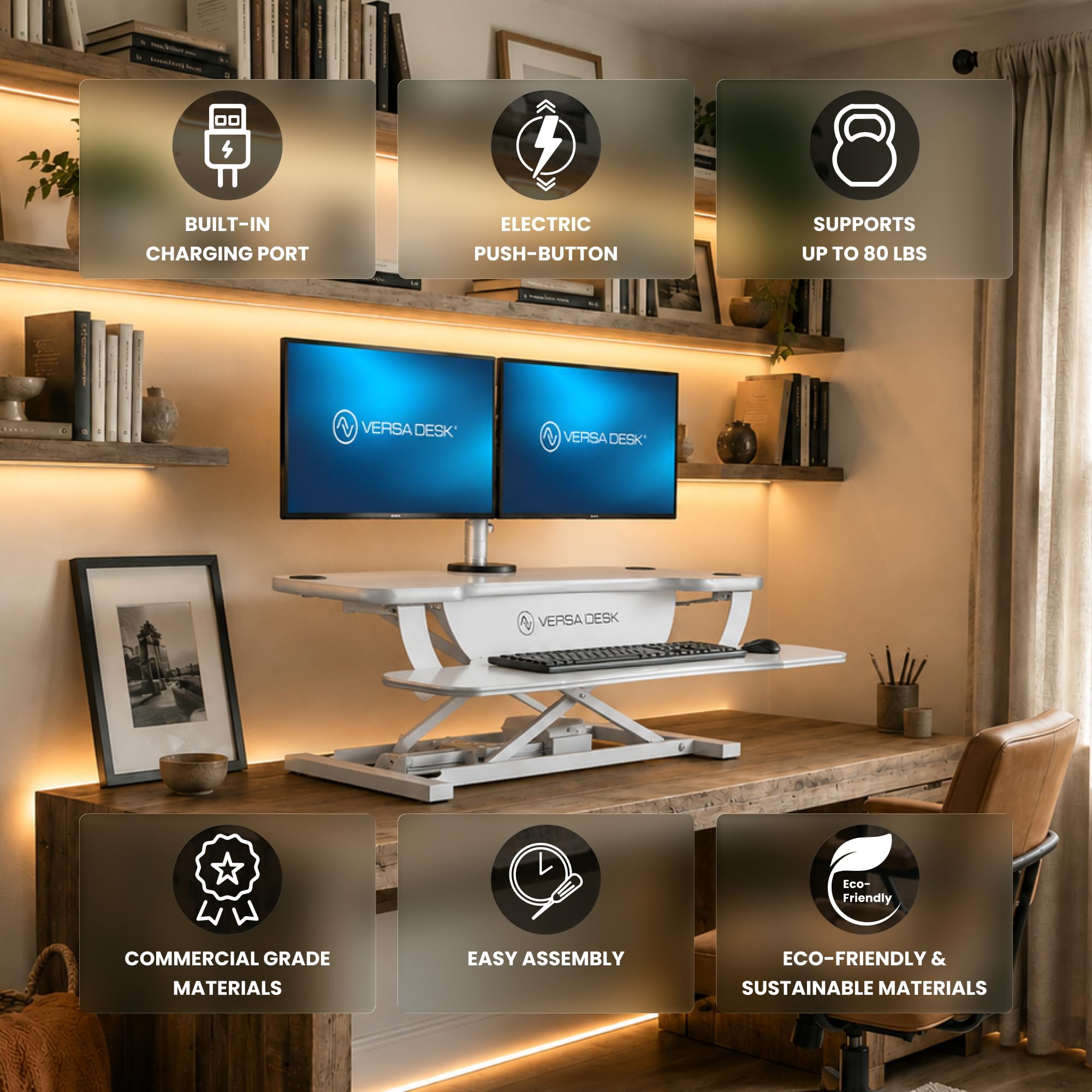 VERSADESK PowerPro 36 Inch Electric Standing Desk Converter – Push-Button Height Adjustable Sit to Stand Desk Riser for Dual Monitors & Laptop – Motorized Desktop Workstation with Wide Keyboard Tray