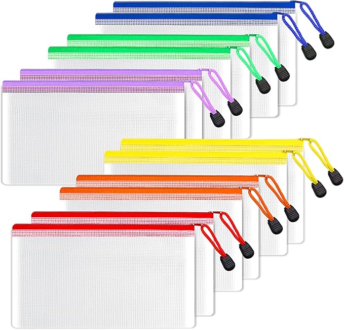 SUNEE Plastic Mesh Zipper Pouch 4.6x9.2 in (6 Colors, 12 Packs), Small Water-Resistant Zip Bag for School Office Supplies, Pencil Organizing Storage