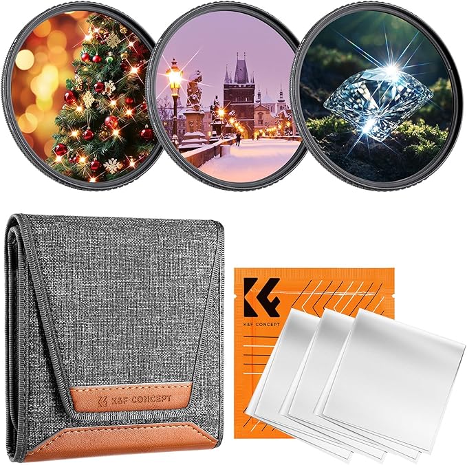 K&F CONCEPT 62mm Star Filters Kit (3pcs) 4 Points 6 Points 8 Points Cross Screen Starburst Filters Set -18 Layer Coating Ultra Slim Optical Glass Camera Lens Filter with 3 Cleaning Cloth