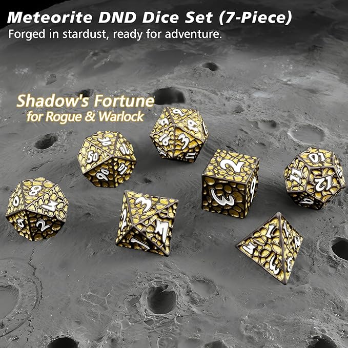 PJOY Metal D&D Dice Set for Dungeons and Dragons Dice with Case Meteorite Black Gold Glitters 7PCS 16mm Role Playing Cool DND Gifts for Players DM Board Game Masters