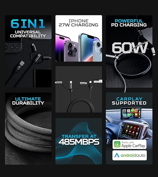 Futurizta Tech [Upgraded] Zeus-X 6-in-1 Universal Multi Cable (0.65ft/0.2m) Fast Charging 60W Laptop PD, QC3.0 & 27W Fast Charging & Data Sync, Military Grade Braided with Cable Organizer Strap