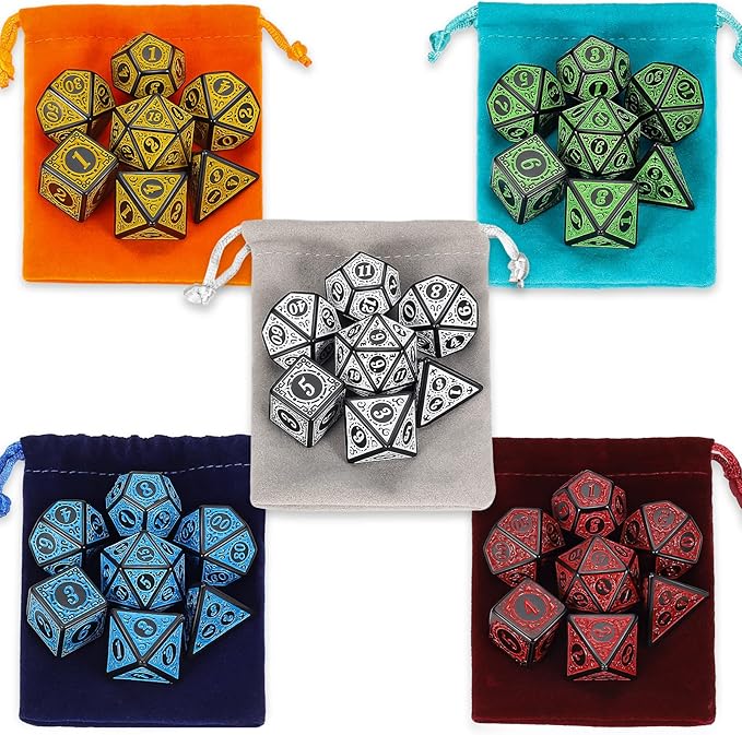 CiaraQ Polyhedral Dice with 5 Pouches, 5 Sets of Retro Dice for MTG DND Board Games, 35 Pieces