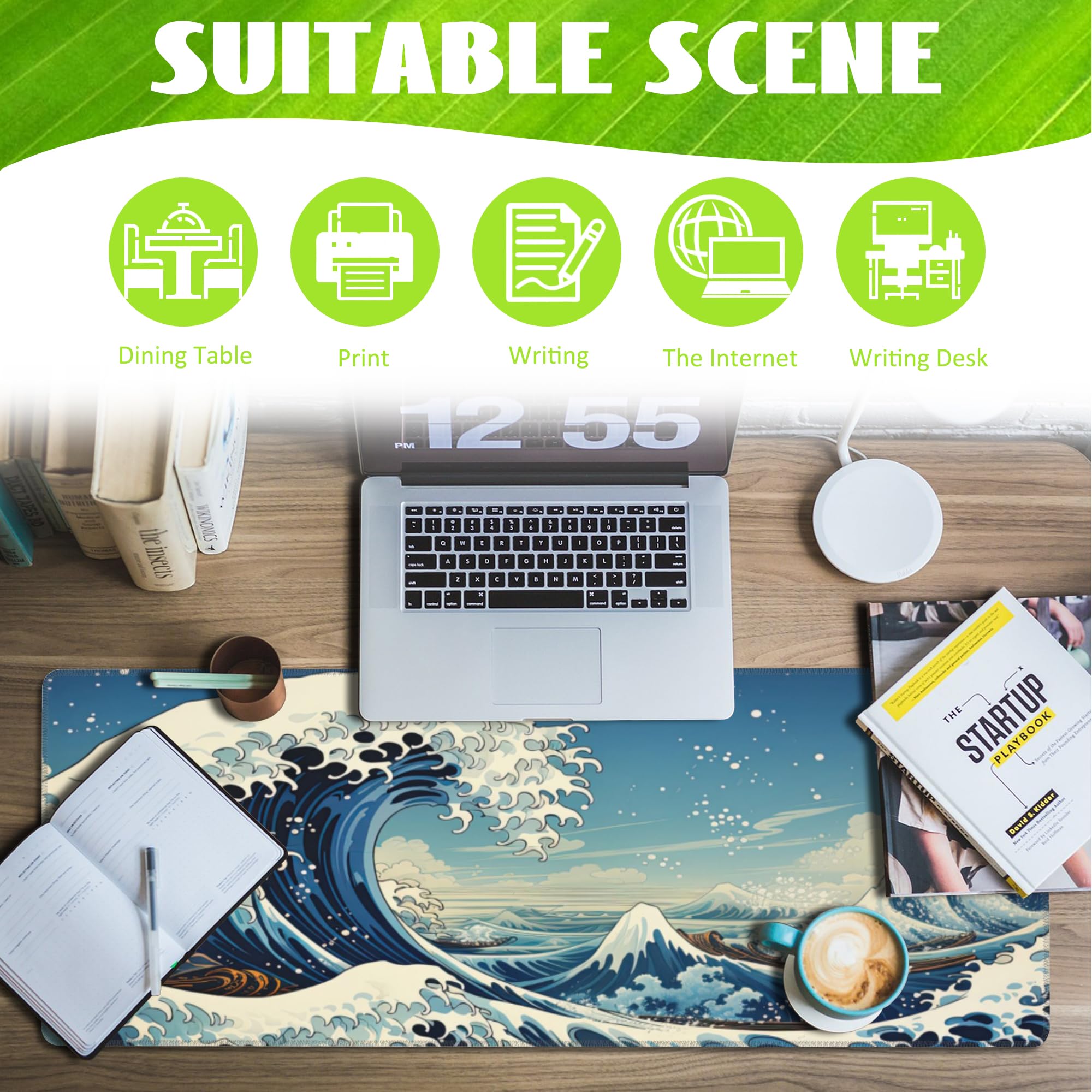 Eflxamz Desk Mat,Blue Japanese Sea Wave Desk Pad,Japanese Sea Wave Large Gaming Mouse Pad for Desk,Extended Big Computer Keyboard Mouse Pad with Non-Slip Base and Stitched Edge,31.5"x11.8"