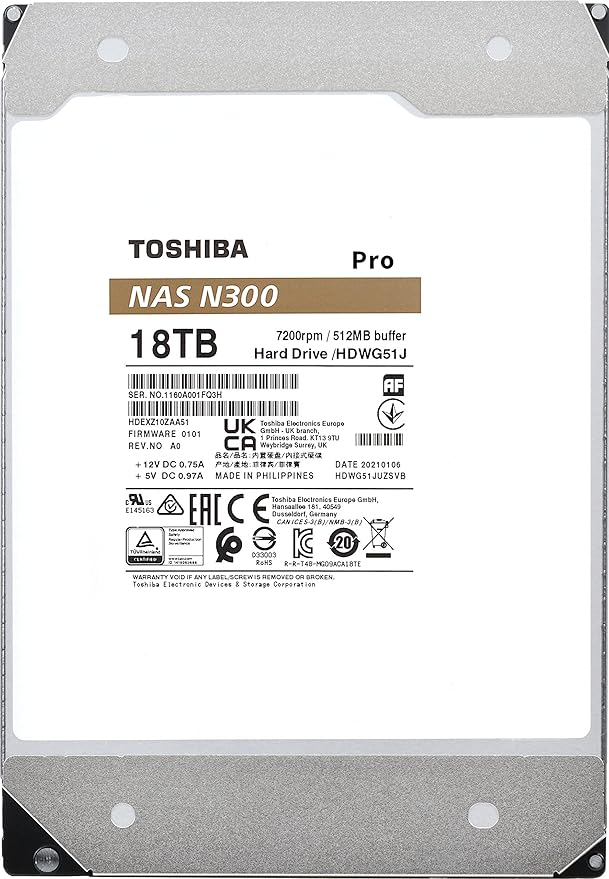 Toshiba N300 PRO 18TB Large-Sized Business NAS (up to 24 bays) 3.5-Inch Internal Hard Drive - Up to 300 TB/year Workload Rate CMR SATA 6 GB/s 7200 RPM 512 MB Cache - HDWG51JXZSTB