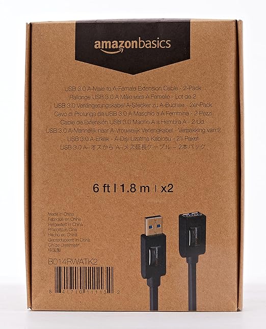 Amazon Basics 2-Pack USB-A 3.0 Extension Cable, 4.8Gbps High-Speed, Male to Female Gold-Plated Connectors, 6 Foot, Black