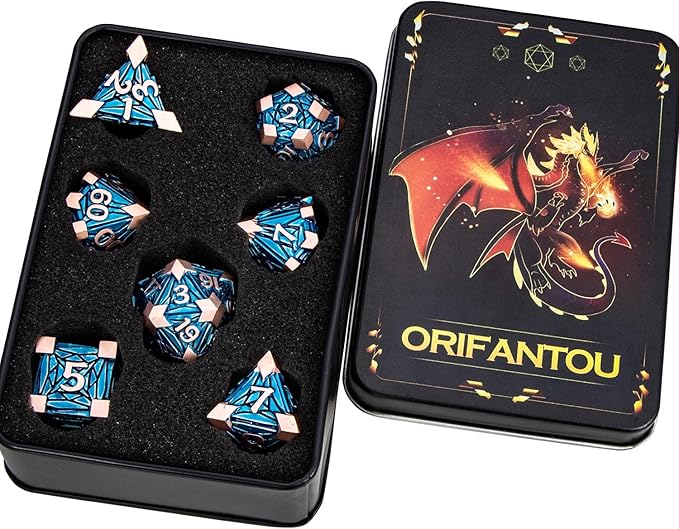 7PCS Metal DND Dice Set with Box, Debris RPG Copper Blue D and D Dice for use with D&D Tabletop Games Role Playing Game Polyhedral Dice Set D20 D12 D10 D8 D6 D4