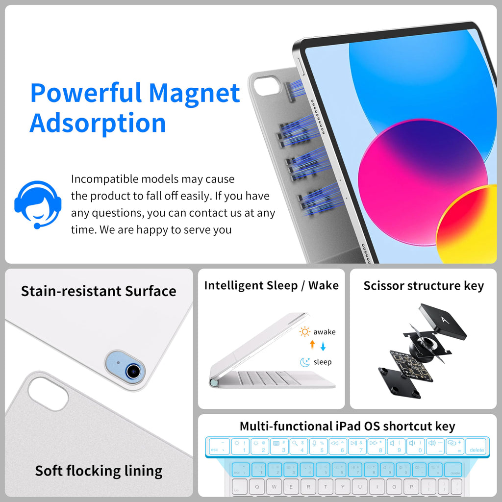 Otuoor Magic Keyboard for iPad 10th, Effortless Command, The Comfort Angle, iPad 11th (A16 2025) Case with Keyboard, Uninterrupted View, Snap Tight, 7 Color Backlight, Multi-Touch Trackpad, White